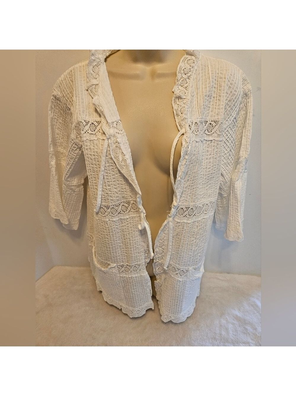 White Cotton Pintuck Tunic Lace Cottagecore Grandmacore One Size - Picture 13 of 15